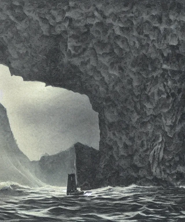 Image similar to realistic photo of a 1 9 2 5 seiner sailing near a tropical skull - shaped cliff with the mouth of a sea cave at the waterline, dark, brooding, atmospheric, lovecraft, horror, smooth, epic, highly detailed, cinematic, by clyde caldwell