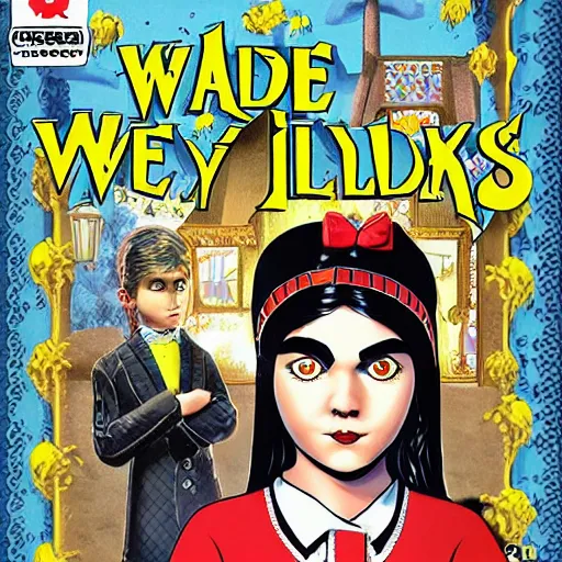 Image similar to video game box art of a commodore 6 4 game called wednesday addams'lemonade stand,, 4 k, highly detailed cover art.