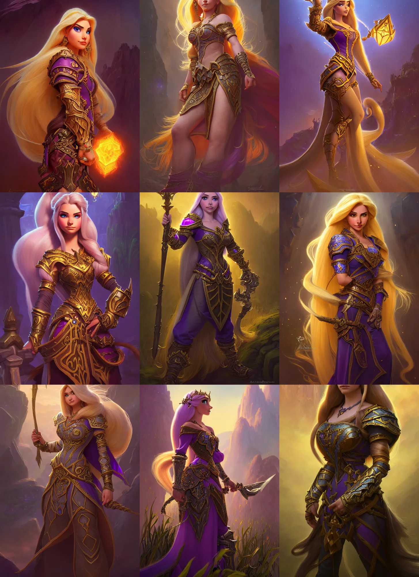 Prompt: full body photograph of rapunzel as a warcraft paladin, deep focus, intricate, elegant, highly detailed, digital painting, artstation, concept art, matte, sharp focus, illustration, d & d, fantasy, hearthstone, art by artgerm and greg rutkowski and alphonse mucha