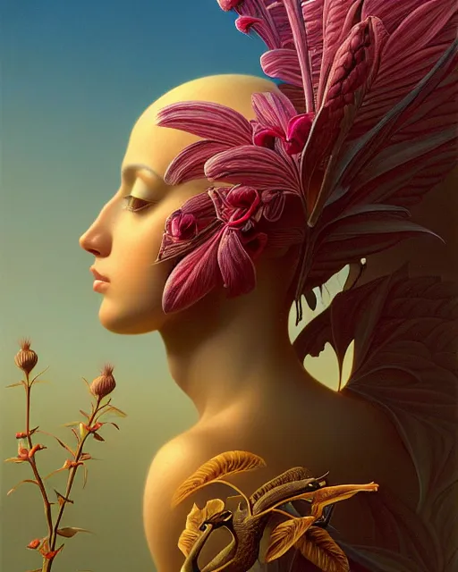 Image similar to a bird, unusual beauty, flowers and plants, emotionally evoking symbolic metaphors, head in focus, fantasy, ornamental, intricate, elegant, sensual, highly detailed digital painting, artstation, concept art, painterly, golden ratio, sharp focus, illustration, art by John William Godward and Boris Vallejo and Zdzisław Beksiński,