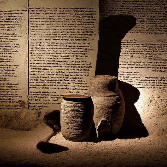 Image similar to a photo of a museum display showing a cylindrical clay jar, lying beside it is a dead sea scroll with nabeatean writing, dark, brooding, atmospheric, volume lighting