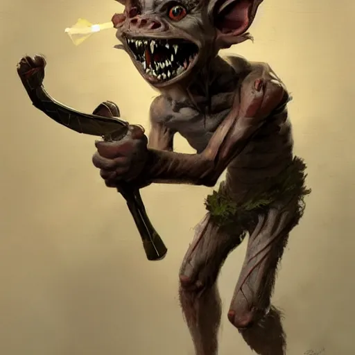 Prompt: a crazy goblin with a slingshot, wearing a grenade belt, by Greg Rutkowski