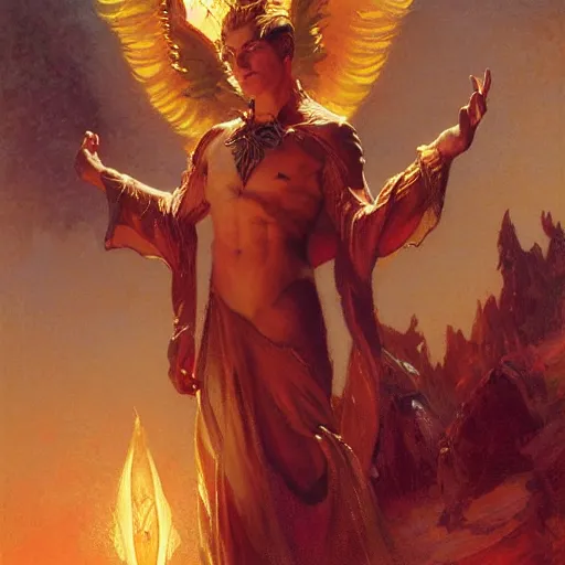 Image similar to attractive male deity casts light spell, summons attractive male lucifer morningstar. highly detailed painting by gaston bussiere, craig mullins, j. c. leyendecker 8 k