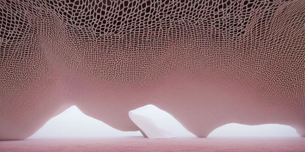 Image similar to white honeycomb organic building by ernesto neto sits on the field in low fog, light - mint with light - pink color, 4 k, insanely quality, highly detailed, film still from the movie directed by denis villeneuve with art direction by zdzisław beksinski, telephoto lens, shallow depth of field