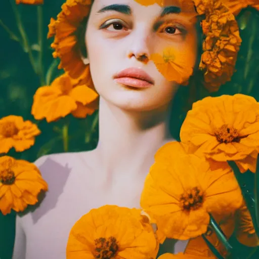 Prompt: realistic expired kodak film portrait of an angel woman flowers, marigold celestial vibe, hyperrealism, hypermaxiymalism, photorealistic, detailed, atmospheric, 8 k, award winning photography, cinematic