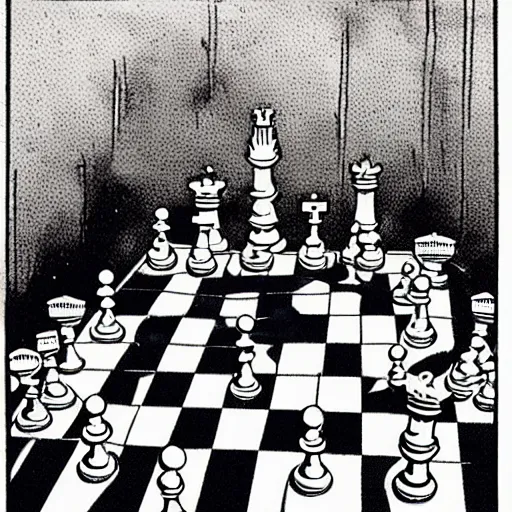 Image similar to dream and desire playing a match of chess, comic art