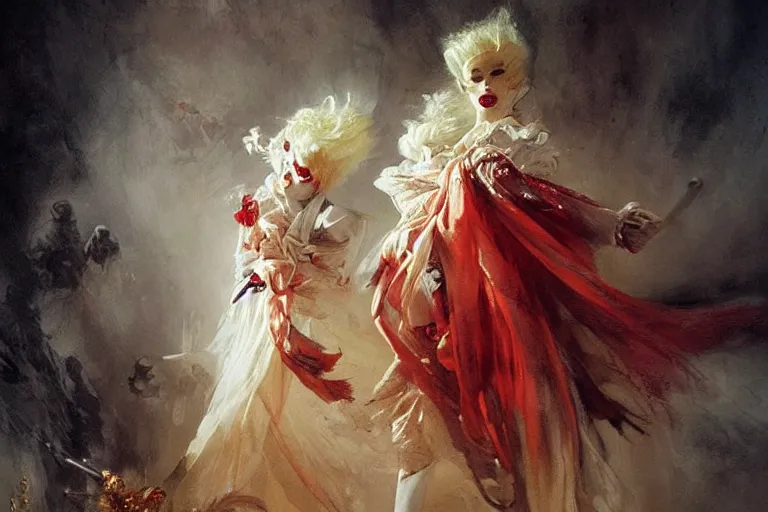 Image similar to a vampire with long light white hair and a red scarf, windy, ribbons, melancholic, modern maximalist harlequin fashion dress, is ( ( holding a golden sword ) ). light dust, magnificent, hyperdetailed, theatrical, painted by jean honore fragonard and greg rutkowski