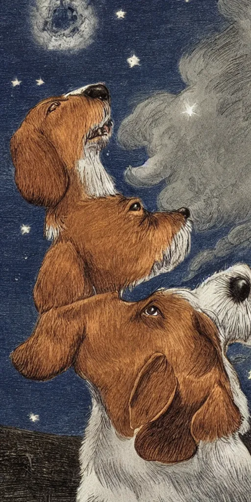 Image similar to portrait of jack russel dog looking up and howling with mouth open sad, night sky, highly detailed, side view, illustrated by peggy fortnum and beatrix potter and sir john tenniel