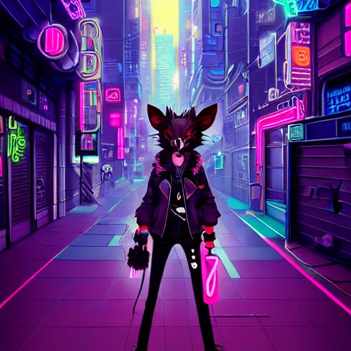 Image similar to beautiful furry digital art portrait commission of an androgynous furry anthro rat fursona wearing punk clothes in the streets of a cyberpunk city. neon signs. character design by charlie bowater, ross tran, artgerm, and makoto shinkai, detailed, inked