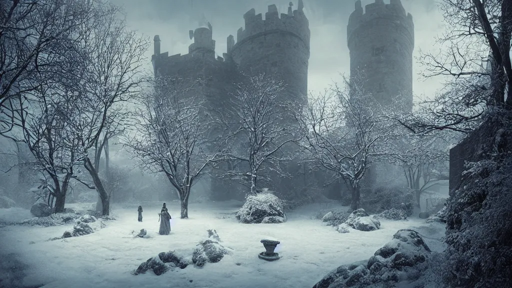 Prompt: the tall castle walls overshadow the secret garden in winter. andreas achenbach, artgerm, mikko lagerstedt, zack snyder, tokujin yoshioka