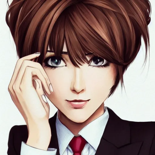 Prompt: woman in business suit, brown neat hair, pixiv, fanbox, trending on artstation, digital art, portrait, modern, sleek, highly detailed, formal, serious, determined, competent, colorized, smooth, charming, pretty, safe for work, law office