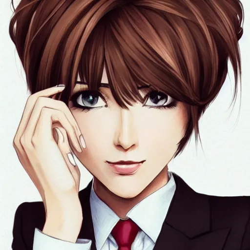 Image similar to woman in business suit, brown neat hair, pixiv, fanbox, trending on artstation, digital art, portrait, modern, sleek, highly detailed, formal, serious, determined, competent, colorized, smooth, charming, pretty, safe for work, law office