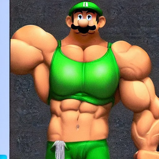 Prompt: Amazing detailed render of a shirtless Luigi as a body builder in a weight lifting competition, extremely muscular, steroids, veins popping out, lifting a massively oversized weight, a crowd is cheering in the background, 3D, unreal engine, HDR, massive muscles, detailed face with moustache, detailed eyes with pupils, face is visible, detailed green Luigi \'L\' on his hat