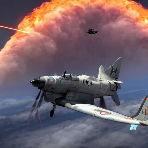 Image similar to an epic dogfight between a f 4 f - 4 wildcat and a mitsubischi a 6 m 2 b - 2 1 zero, full colour, 8 k cinematic photography, explosions in the background, parachutes, ultra realistic digital art, unreal engine