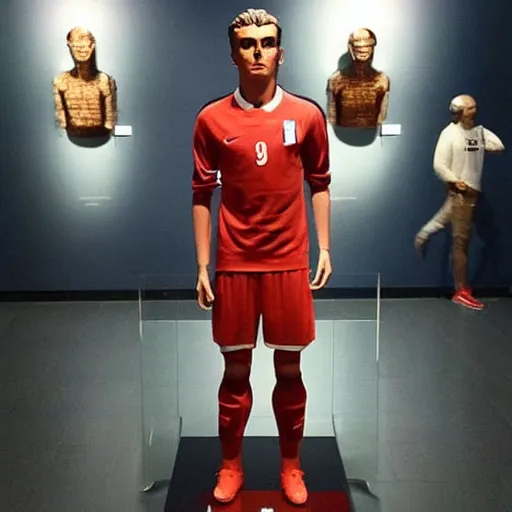 Image similar to “ a realistic detailed photo of a guy who is an attractive humanoid who is half robot and half humanoid, who is a male android, soccer player antoine griezmann, shiny skin, posing like a statue, blank stare, at the museum, on display ”