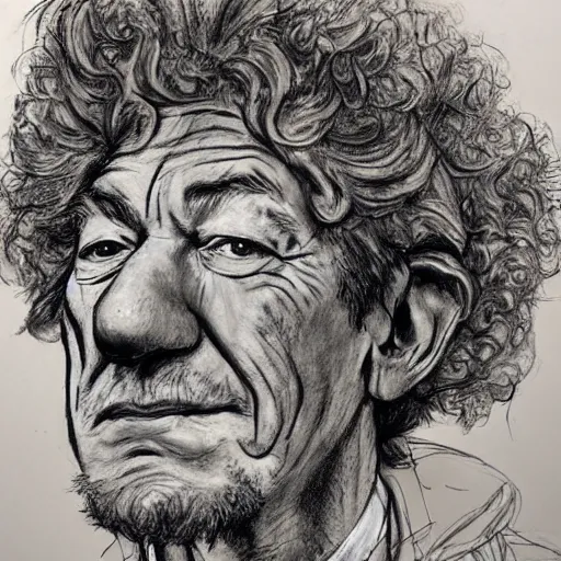 Image similar to a realistic yet scraggly portrait sketch of the side profile of a stern and sophisticated ian mckellen wearing an afro wig, colorized by lisa frank, intricate details, in the style of frank auerbach, in the style of sergio aragones, in the style of martin ansin, in the style of david aja, in the style of mattias adolfsson