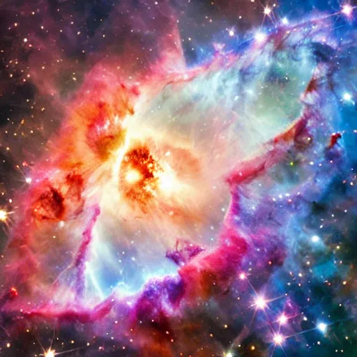 Prompt: chaotic volumetric space nebula, Helix nebula, Pillars of Creation, epic cosmic starfield scene, made by Hubble