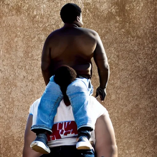 Image similar to a little black person rides on the shoulder's of a huge 7 ft tall 5 0 0 pound black man. hyperreal - h 6 4 0