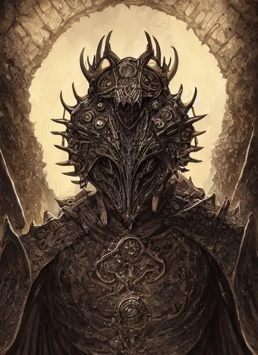 Prompt: Tiberius Stormwind, Dragonborn Sorcerer from Draconia and a member of Vox Machina, industrial rust, dark RA face illustration, symmetrical, evil, chaos, hypermaximalist, ornate, horror, Cliff nielsen, Peter Mohrbacher, Marc Simonetti, detailed, intricate ink illustration, symmetry, bloodborne