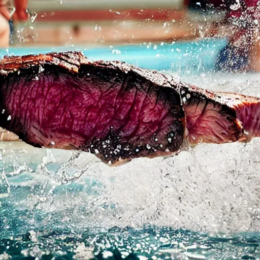 Image similar to a medium rare steak on a waterslide, high contrast, slow - mo high speed photography, water splashing, summertime water park