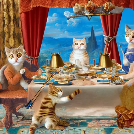 Image similar to highly detailed renaissance cat with symmetrical face playing a violin at a tea party, matte painting , 8k resolution, vivid