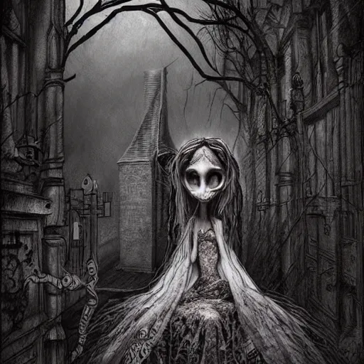 Image similar to grunge cartoon drawing of the end of the world by - michael karcz , in the style of corpse bride, horror themed, detailed, elegant, intricate