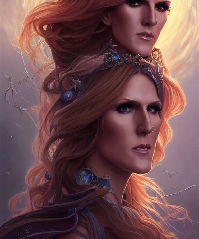 Image similar to Celin Dion as a fantasy magic woman portrait, sci-fi, amber eyes, face, long hair, fantasy, intricate, elegant, highly detailed, digital painting, artstation, concept art, smooth, sharp focus, illustration, art by artgerm and greg rutkowski and alphonse mucha