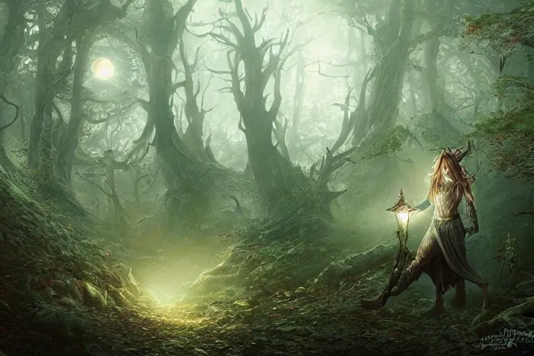 Image similar to an old elven wood, a view to an eerie fantasy world, glowing orbs, ethereal back light, mist, coherent composition, detailed fantasy painting by artgerm, noriyoshi ohrai, yuumei