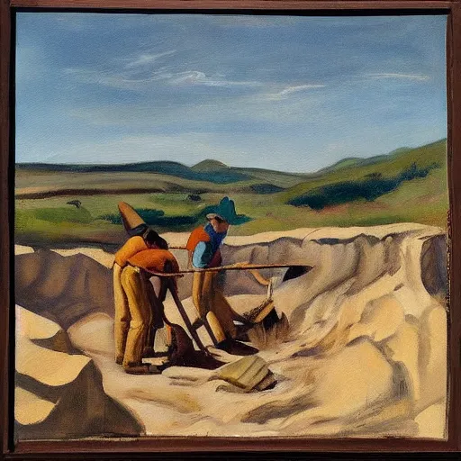 Prompt: “a painting of a group of people digging a well with pickaxes and spades in the Spanish mountains, surrounded by large grey rocks, the sun burning in the sky, in the style of Edward hopper”