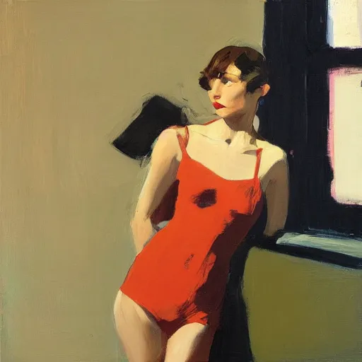 Image similar to artwork by malcolm liepke and edward hopper