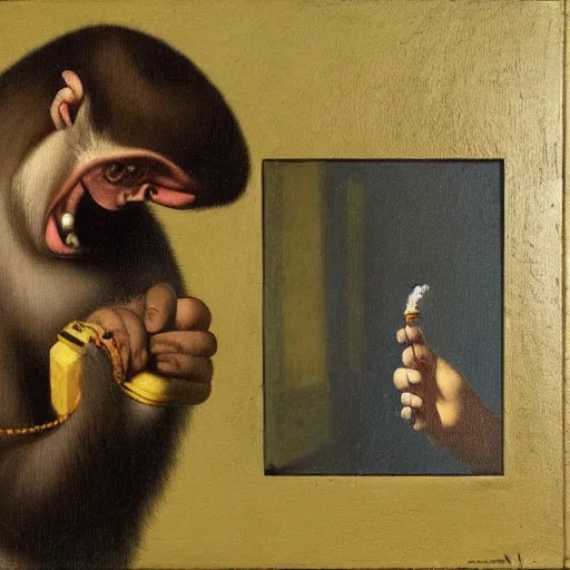 Image similar to Monkey with a cigar in his mouth and smoke coming out, oil on canvas, by Johannes Vermeer