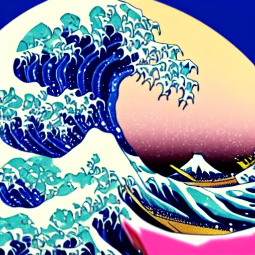 Image similar to the great wave off kanagawa with pink lava and fire, rococo, hyperreal, detailed, 4 k