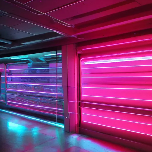 Image similar to cyberpunk escalator, panels, neon, cables