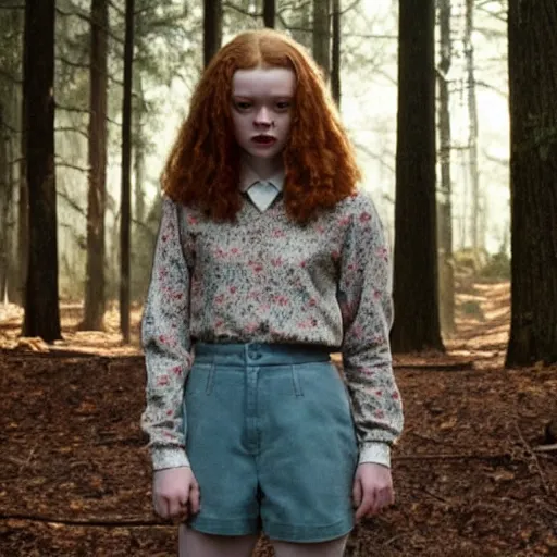 Prompt: Sadie Sink (Maxine Mayfield) from Stranger Things kneeling in a forest looking straight ahead, hq, coloured hq