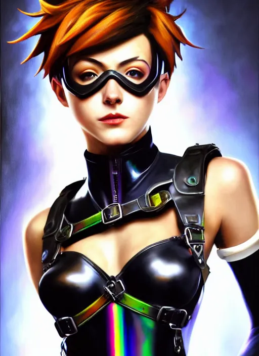 Image similar to oil painting digital artwork of tracer overwatch, confident pose, wearing black iridescent rainbow latex, 4 k, expressive happy smug expression, makeup, in style of mark arian, wearing leather collar, wearing sleek armor, black leather harness, expressive detailed face and eyes,