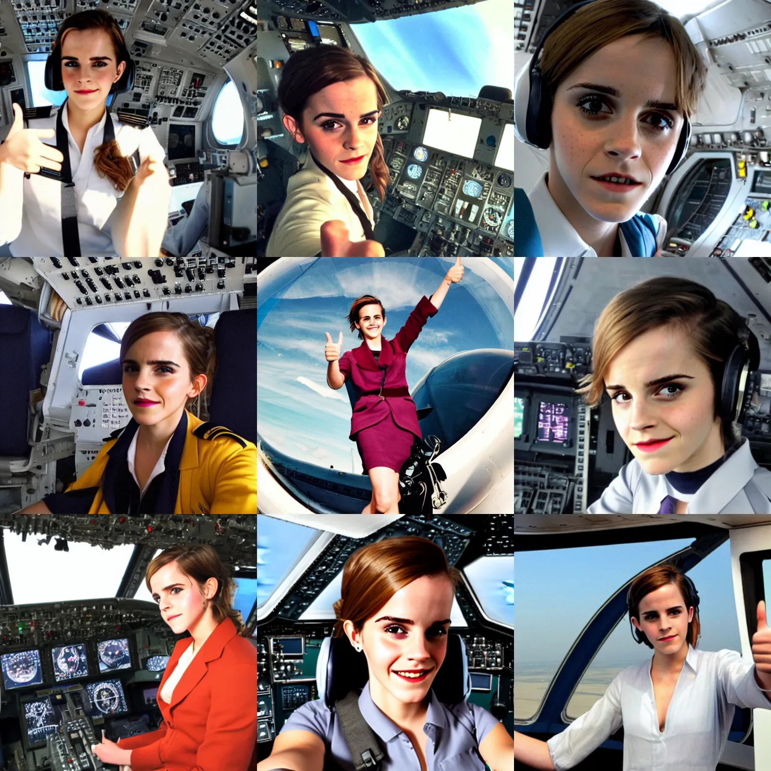 Prompt: Emma Watson as a pilot in the cockpit of a Boeing 747, giving a thumbs up to the camera