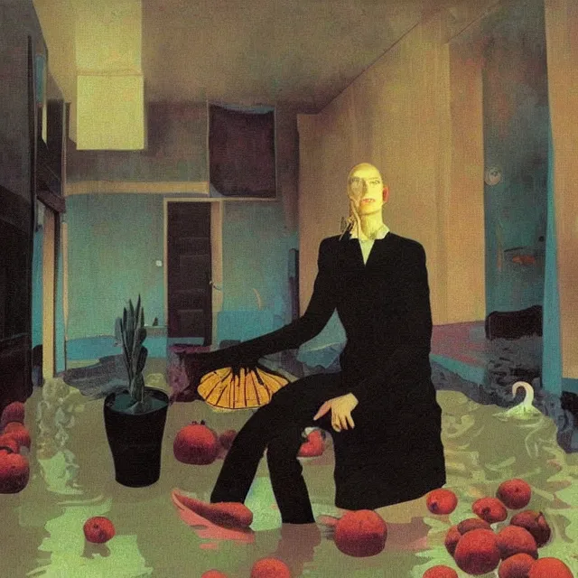 Image similar to tall emo artist in her flooded apartment, painting of flood waters inside an artist's home, a river flooding indoors, pomegranates, pigs, ikebana, zen, water, octopus, river, rapids, waterfall, black swans, canoe, berries, acrylic on canvas, surrealist, by magritte and monet