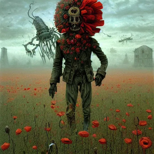 Prompt: a hyperrealistic painting of a steampunk demon in a feild of poppies, by john kenn mortensen and zdzislaw beksinski, highly detailed, vivid color,