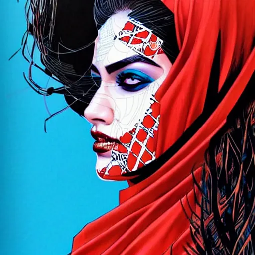 Image similar to a portrait of a saudi woman with side profile blood in ocean intricate details by MARVEL comics and Sandra Chevrier-C