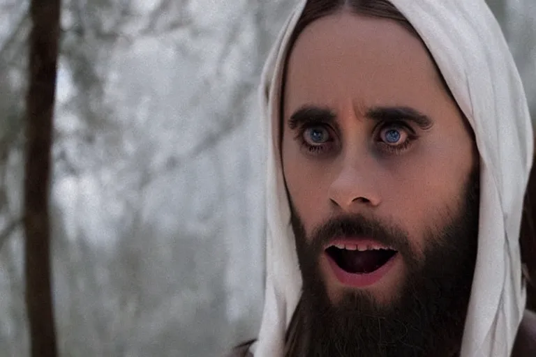 Image similar to Jared Leto as the religious leader Jim Jones in 'Cult' (2006), movie still frame, promotional image, imax 70 mm footage, oscar nominated cinematography, volumetric lighting, 8k resolution