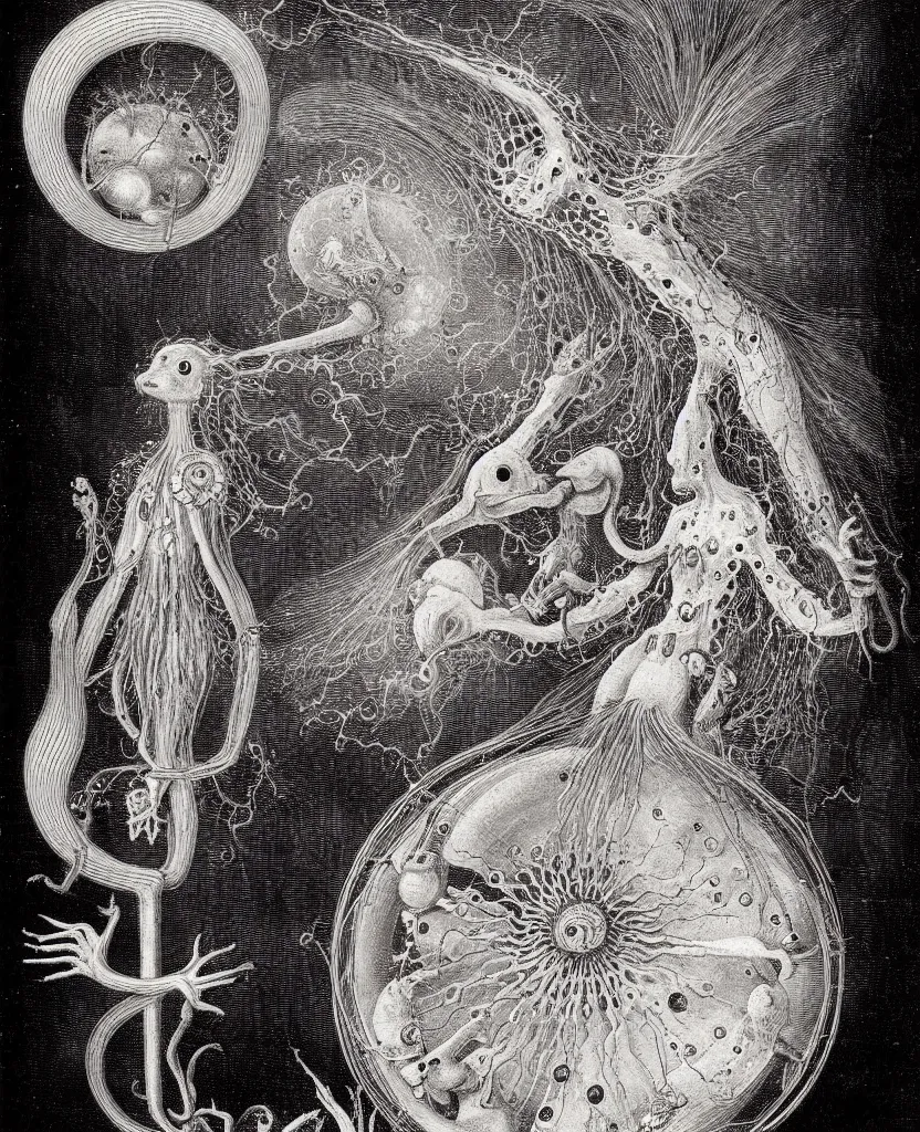 Prompt: whimsical freaky creature sings a unique canto about'as above so below'being ignited by the spirit of haeckel and robert fludd, breakthrough is iminent, glory be to the magic within