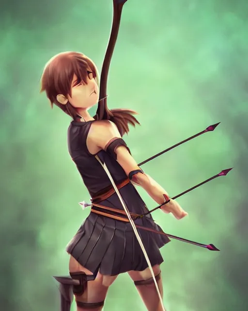 Image similar to anime girl with a bow and arrow, female archer, angry, warrior, artstation trending, concept art, digital painting