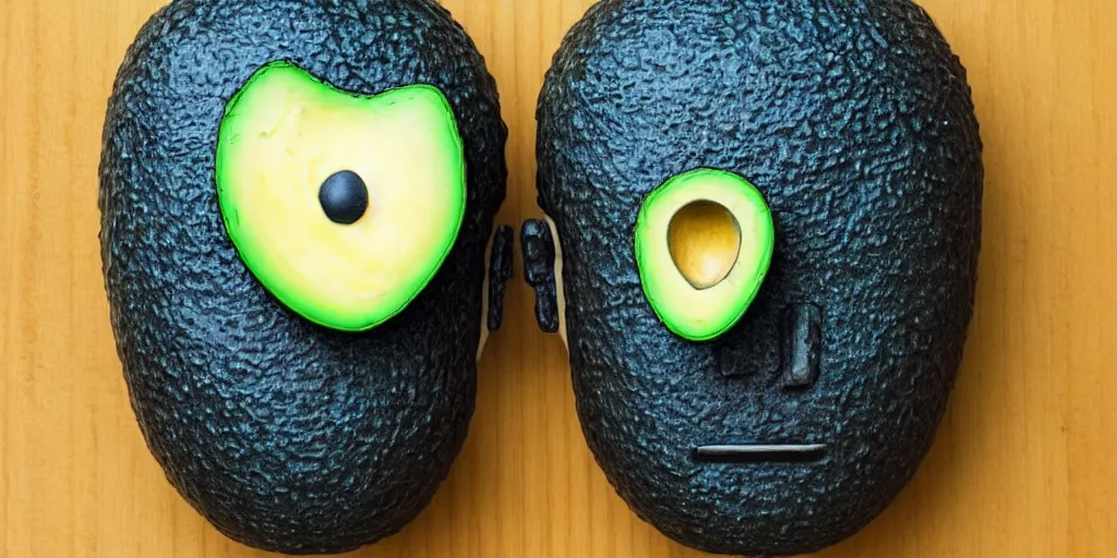 Image similar to robot with avocado head and cute eyes that has forks instead of arms