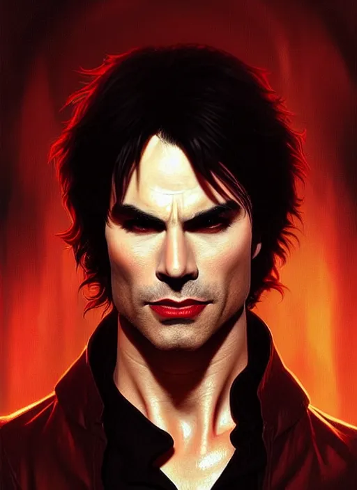 Image similar to portrait of ian somerhalder as a sultry vampire lord, damon salvatore, jewelry, greek, ruby, intricate, headshot, highly detailed, digital painting, artstation, concept art, sharp focus, cinematic lighting, illustration, art by artgerm and greg rutkowski, alphonse mucha, cgsociety