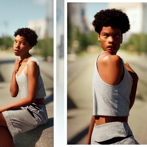 Image similar to realistic photoshooting for a new nike lookbook, color film photography, portrait of a beautiful woman, in style of Tyler Mitchell, 35mm,