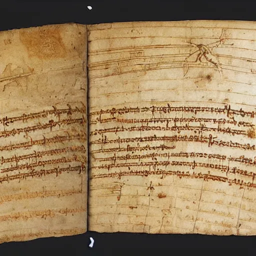 Prompt: ancient da vinci manuscript with pictures of airplanes