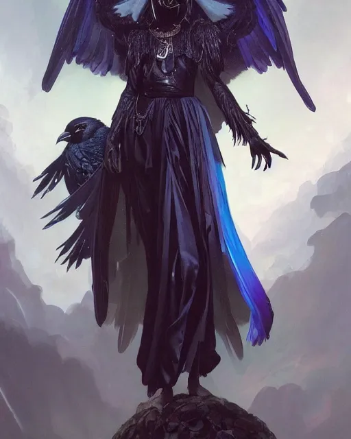 Prompt: character portrait of a raven angel of night with iridescent black raven wings wearing robes, by peter mohrbacher, mark brooks, jim burns, marina abramovic, wadim kashin, greg rutkowski, trending on artstation