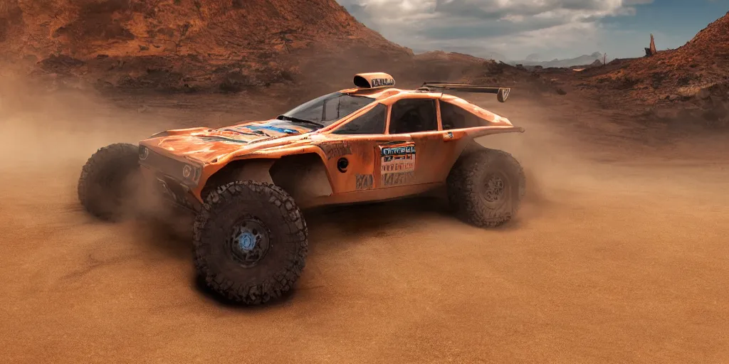 Image similar to offroad rally car copper paint job by sebastian luca and pablo carpio and edgaras cernikas and wang ke and damon greenhalgh, in wide view shot. blank background with some dreamy color lights.