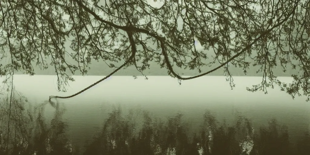 Image similar to symmetrical photograph of a very long rope on the surface of the water, the rope is snaking from the foreground towards the center of the lake, a dark lake on a cloudy day, trees in the background, moody scene, dreamy kodak color stock, anamorphic lens