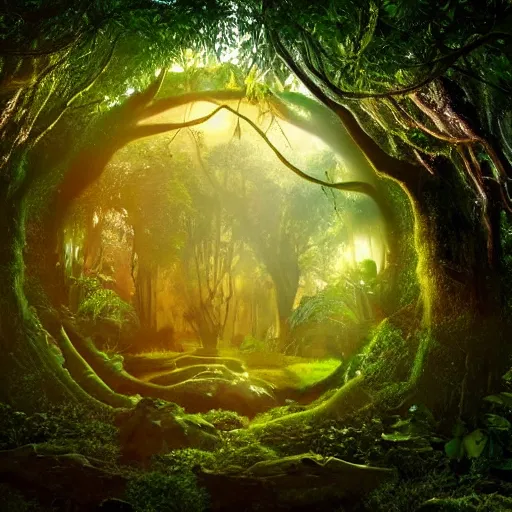 Prompt: portal to another dimension inside a beautiful tree in a densely overgrown jungle, fantasy, dreamlike sunrise volumetric lighting, ultra realistic, atmospheric, stopped in time, epic